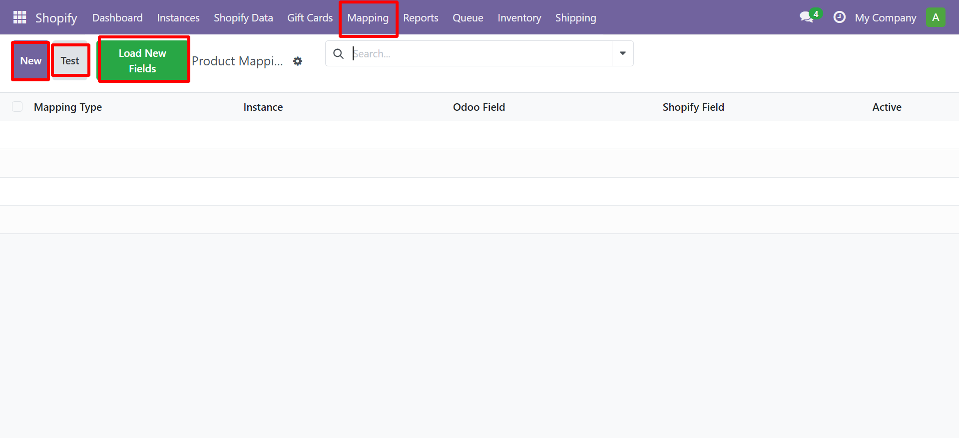 Product Mapping list view with New, Test, and Load New Fields buttons