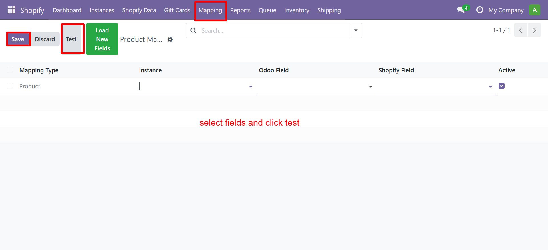 Product Mapping form - select fields and click Test