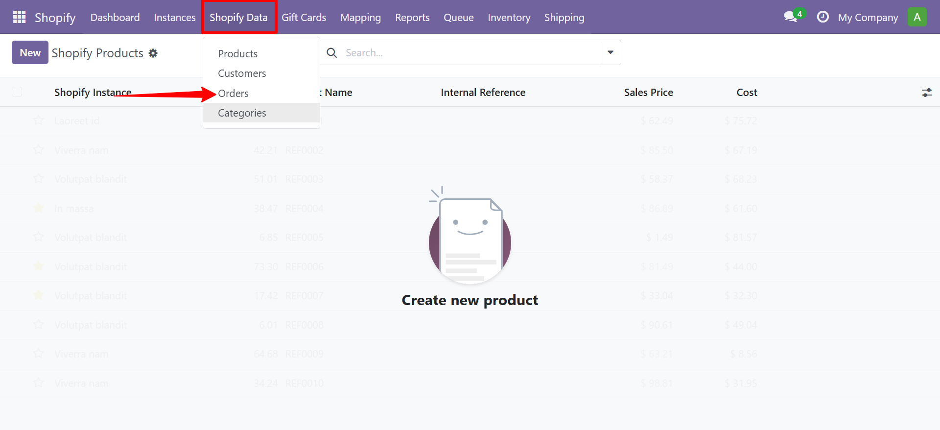 Shopify Data menu showing Orders option