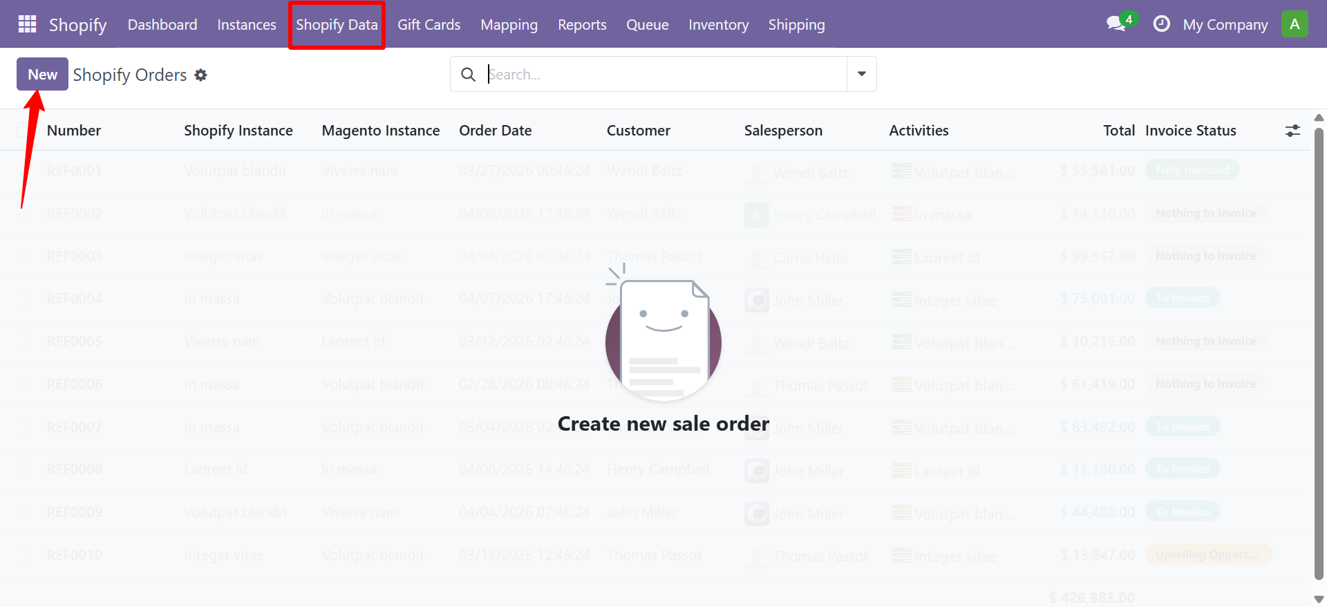 Shopify Orders list view