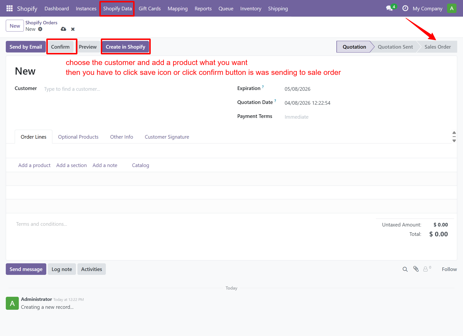 New order form with Create in Shopify button