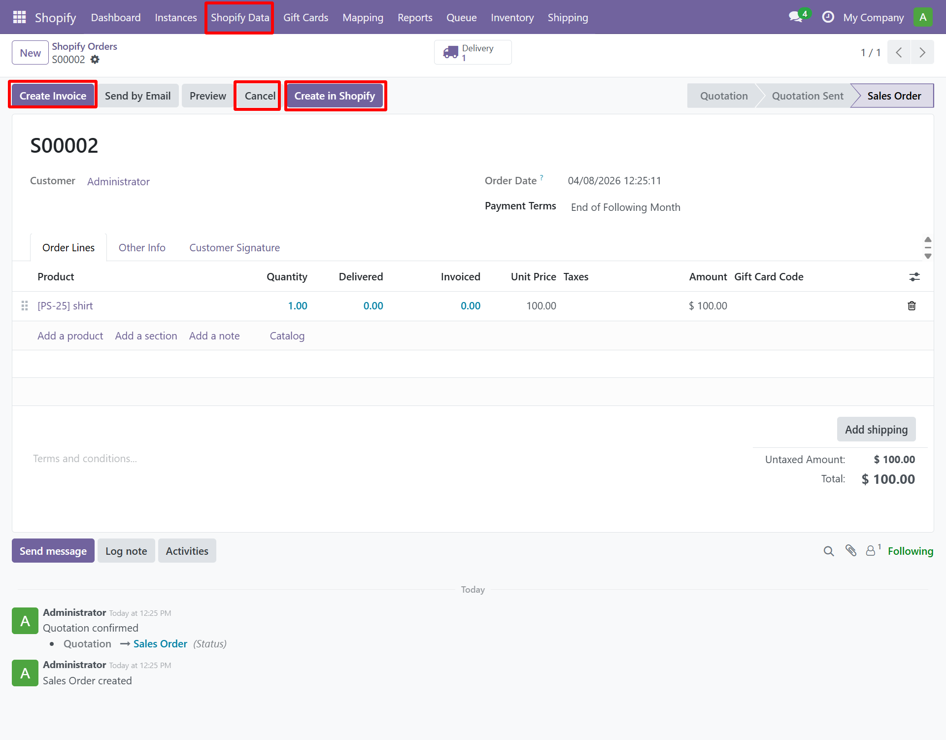 Confirmed Sales Order with Cancel and Create in Shopify buttons