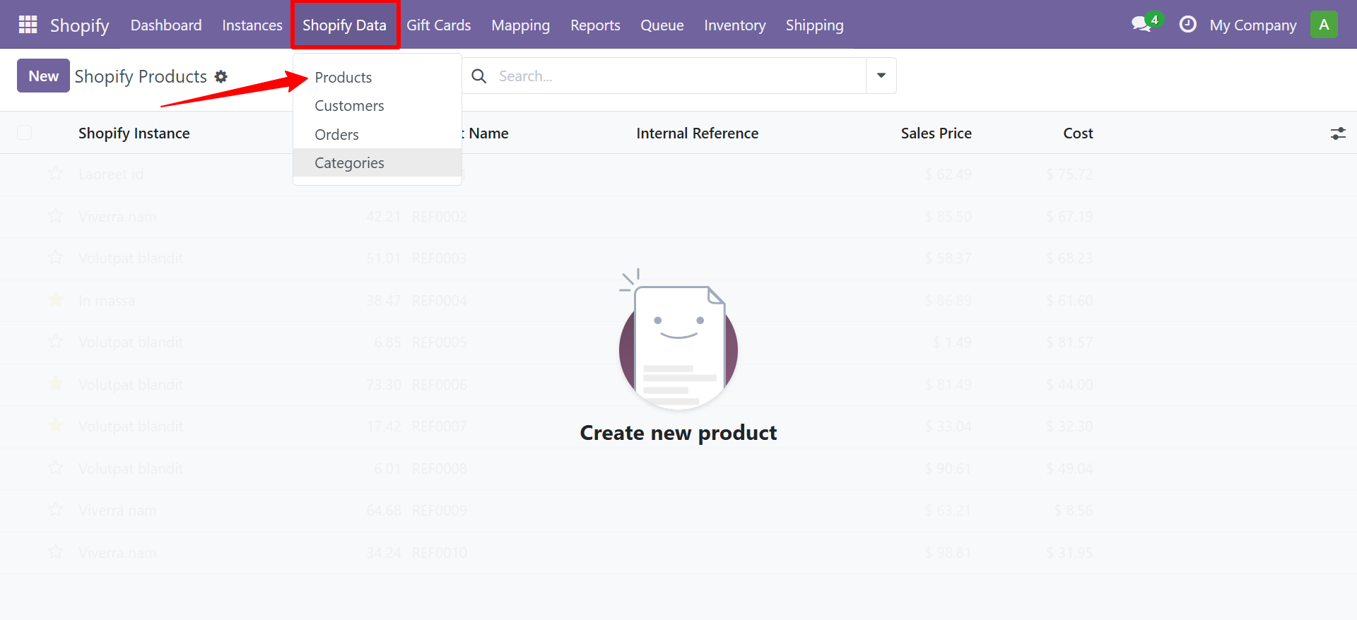 Shopify Data menu showing Products option