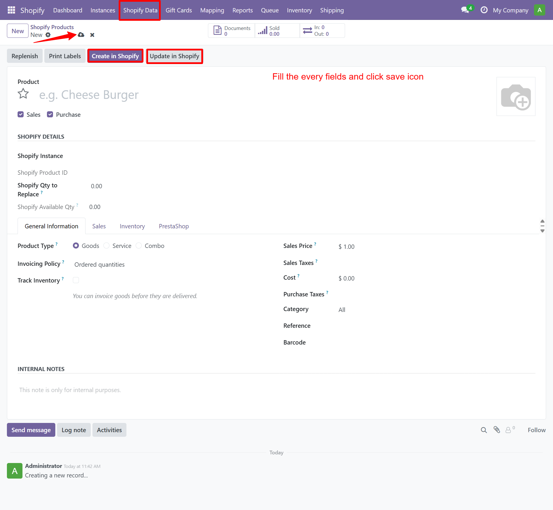 Shopify Product form with Create and Update in Shopify buttons
