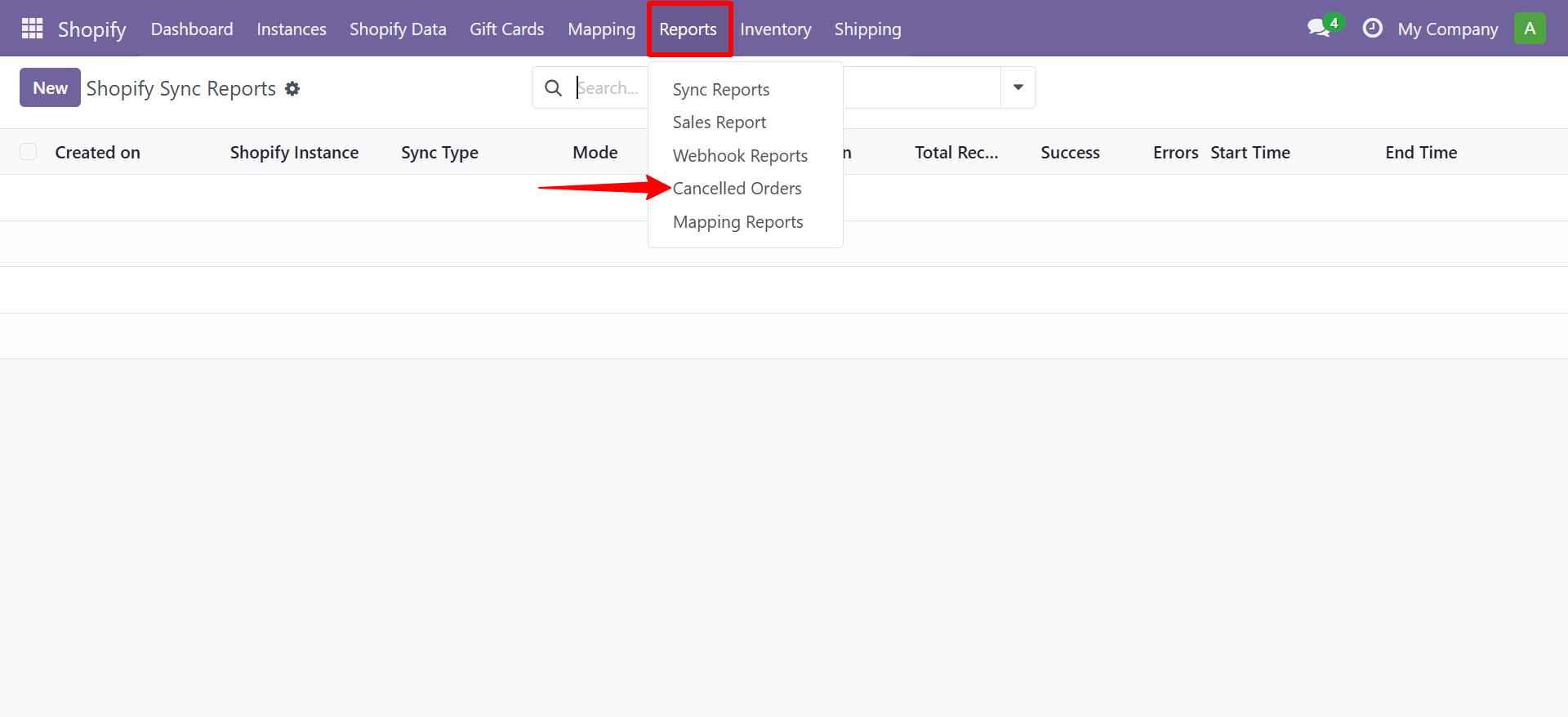 Reports menu showing Cancelled Orders option