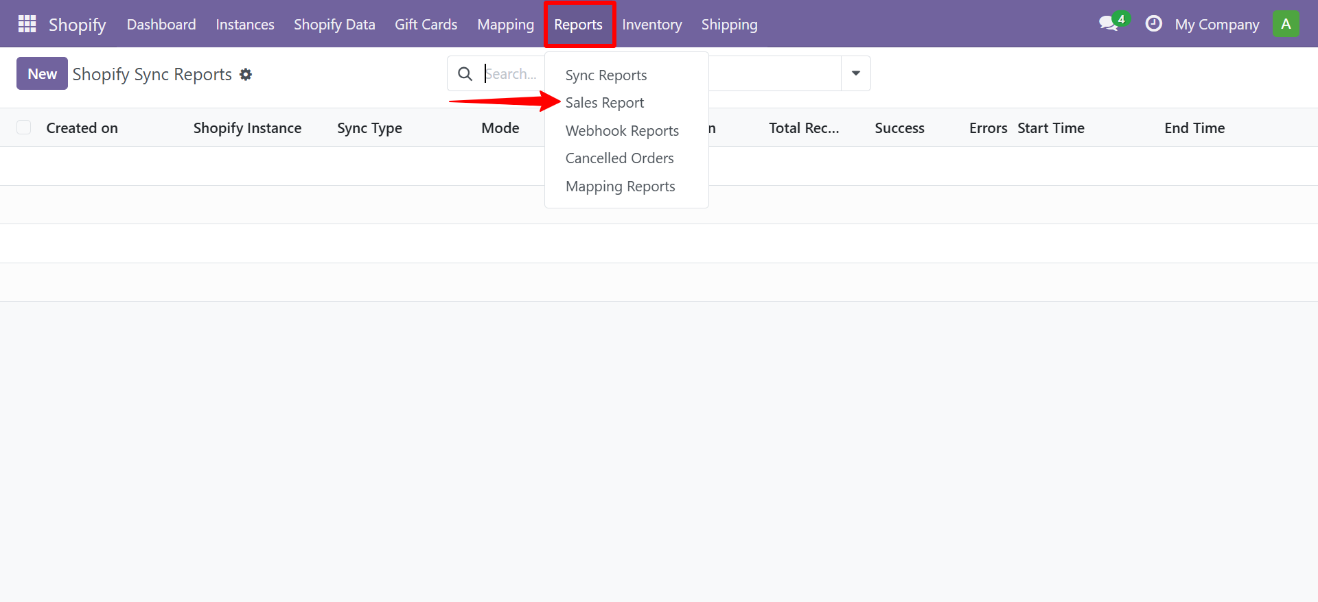Reports menu showing Sales Report option