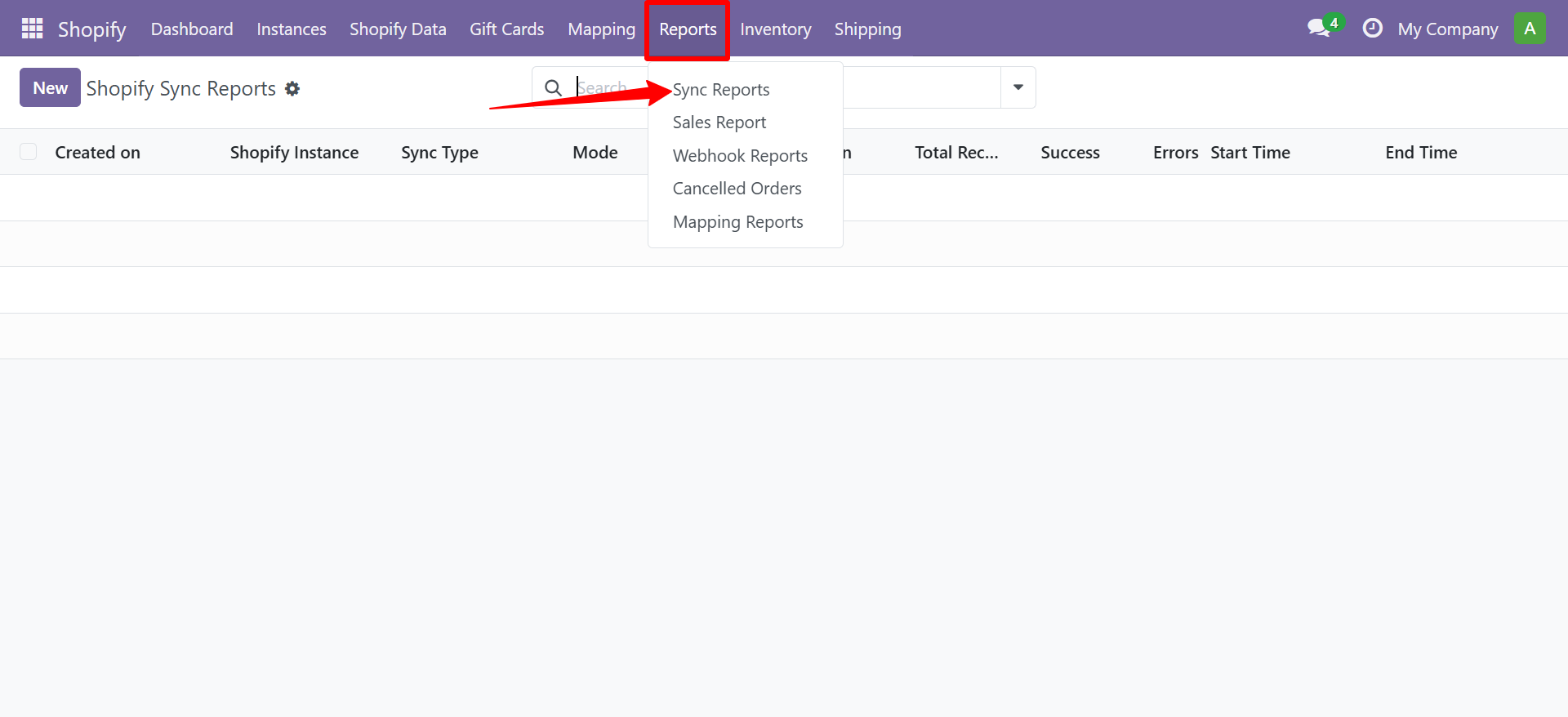 Reports menu showing Sync Reports option