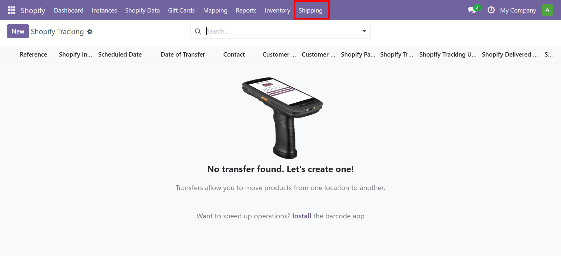 Shopify Tracking list view under Shipping menu